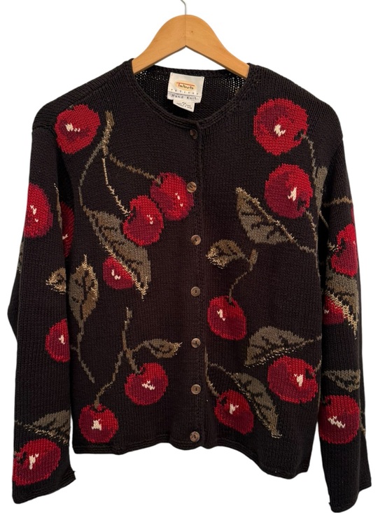 Sweaters - Vintage Talbots Chunk Knit Cardigan Sweater Black with Cherries Medium Petite